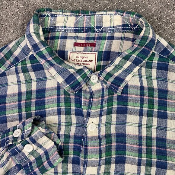 Fat Face Baird McNutt Irish Linen Shirt Men's Large Blue Green White Pink Button - Picture 2 of 12
